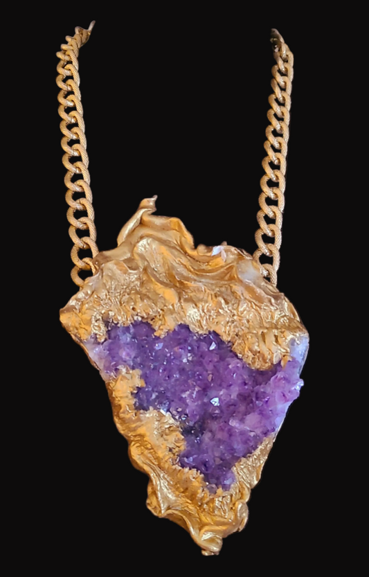Gold Baroque Sculpted Rough Amethyst Statement Pendant - Gold Chain