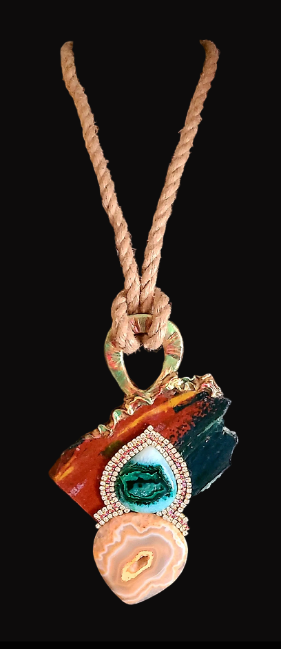 Jasper Slab, Agate & Rhinestone Sculpted Gemstone Pendant - OOAK Boho