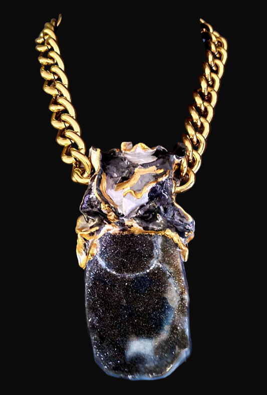 Heavily Crystallized Black Druzy Agate Statement Pendant - Brass Chain