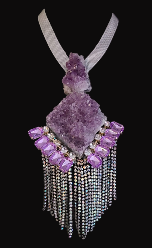 Rough Amethyst & Rhinestone Fringe Art Deco Revival Chest Piece