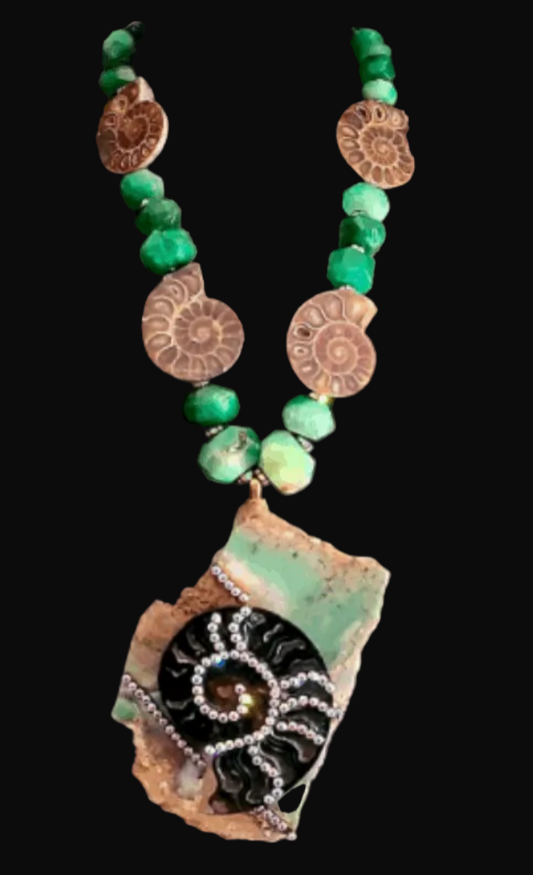 Chrysoprase Slab Ammonite Rhinestone Statement Pendant - Couture