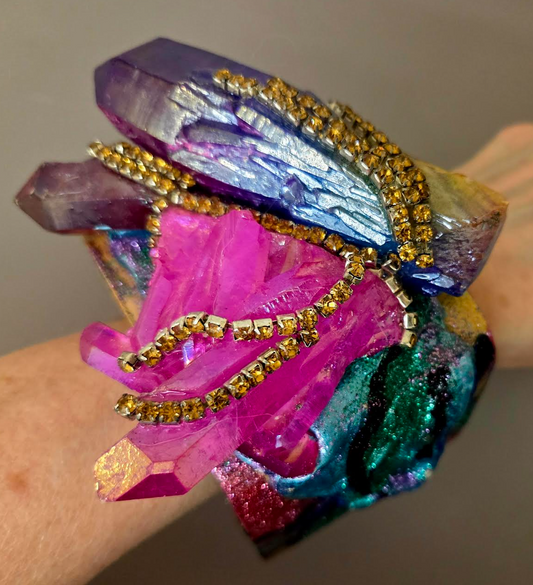 Jewel Tone Quartz & Rhinestone Oversized Statement Cuff - Showstopper