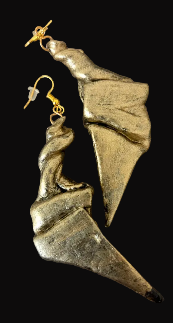 Faux Gold Metal Hand Sculpted Art Deco Style Pierced Earrings - OOAK