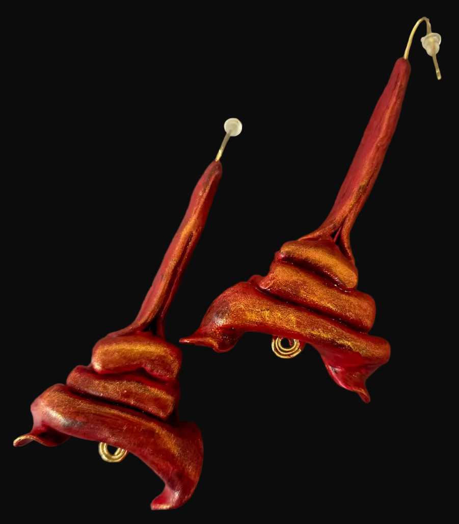 Hand Sculpted Fiery Red & Gold Shoulder Duster Pierced Earrings - Hot