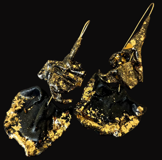 Dramatic Black Sculpted Pierced Earrings with Gold Leaf - OOAK Couture