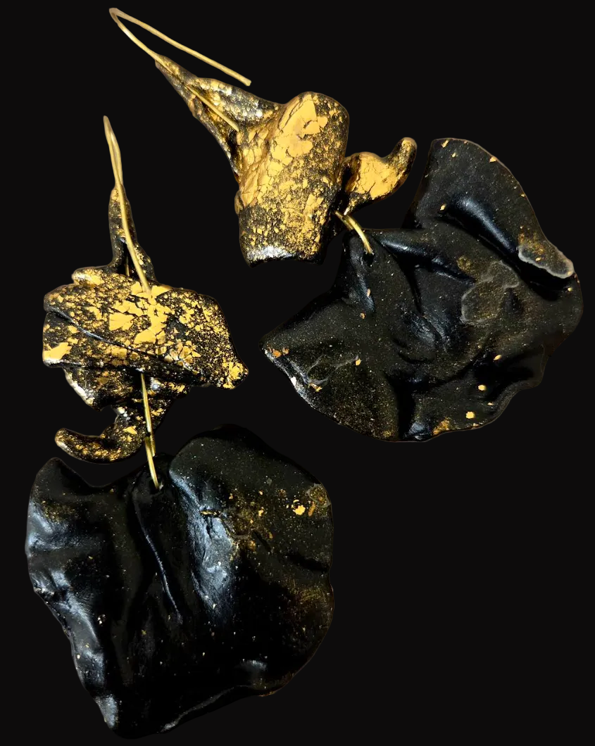 Dramatic Black Sculpted Pierced Earrings with Gold Leaf - OOAK Couture