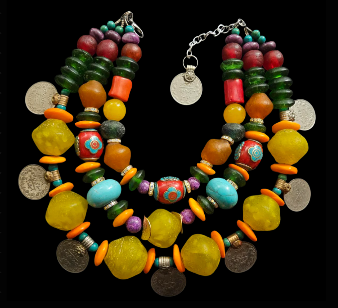 Oversized Beaded Mixed Media Tribal Statement Necklace & Kuchi Coins