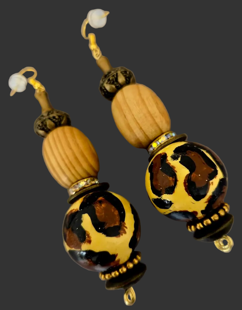 Hand Painted Leopard Oversided Beaded Dangle Pierced Earrings - Wild