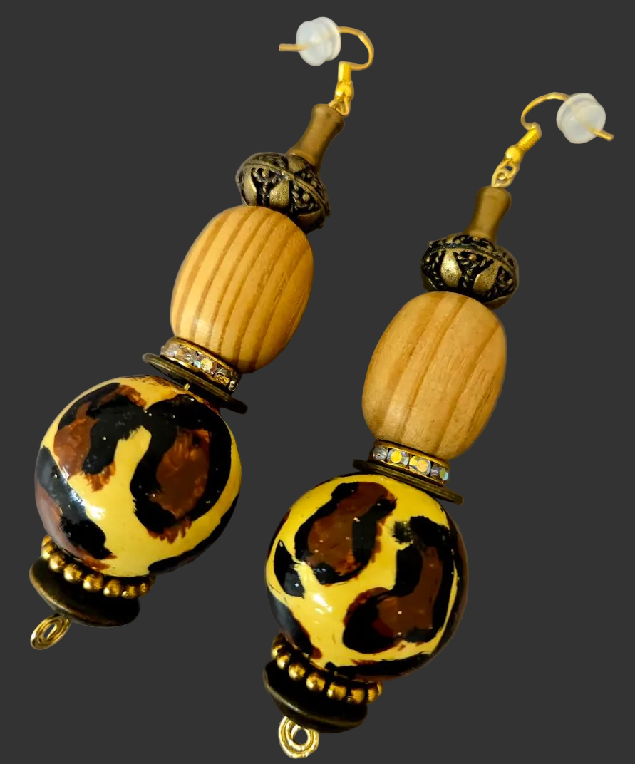 Hand Painted Leopard Oversided Beaded Dangle Pierced Earrings - Wild