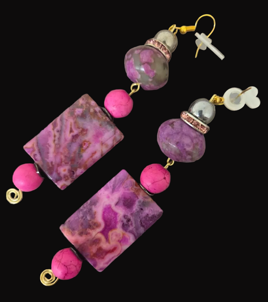 Pink & Purple Gemstone Beaded Shoulder Duster Pierced Earrings ~ Sexy