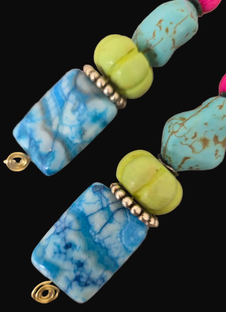 Multi-Colored Gemstone Beaded Dangle Pierced Earrings - OOAK