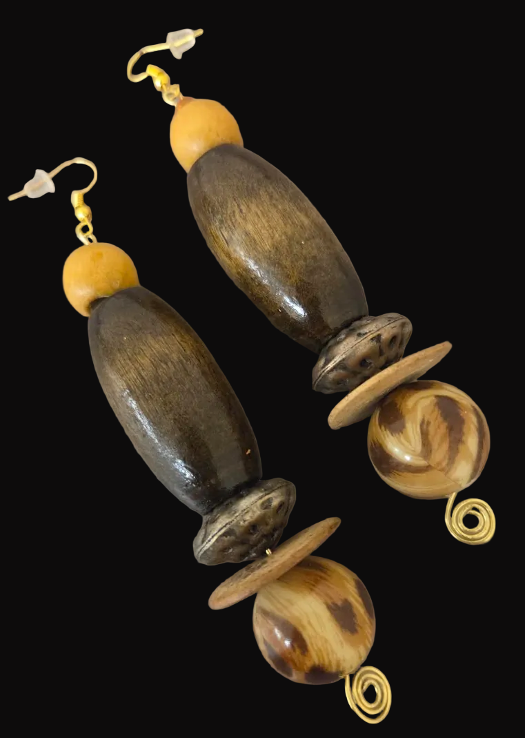 Earth Tone Beaded Long Tibal Pierced Earrings - Leopard Accent