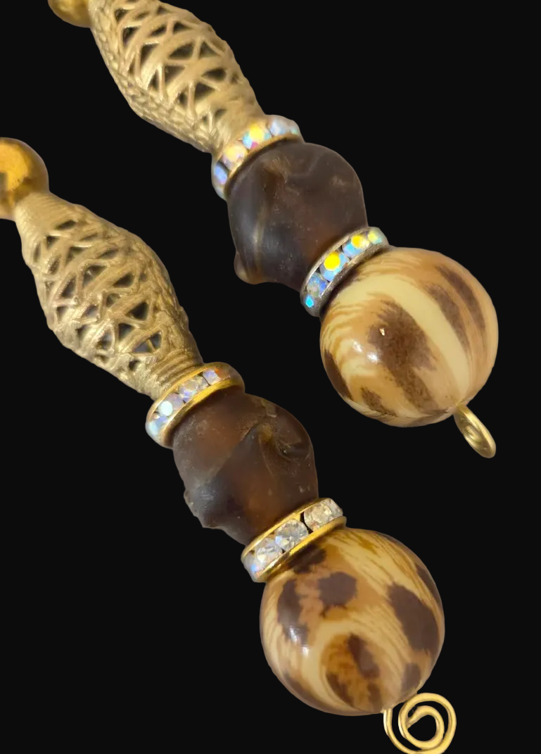 Earth Tone Beaded Shoulder Duster Pierced Earrings - Leopard & Brass