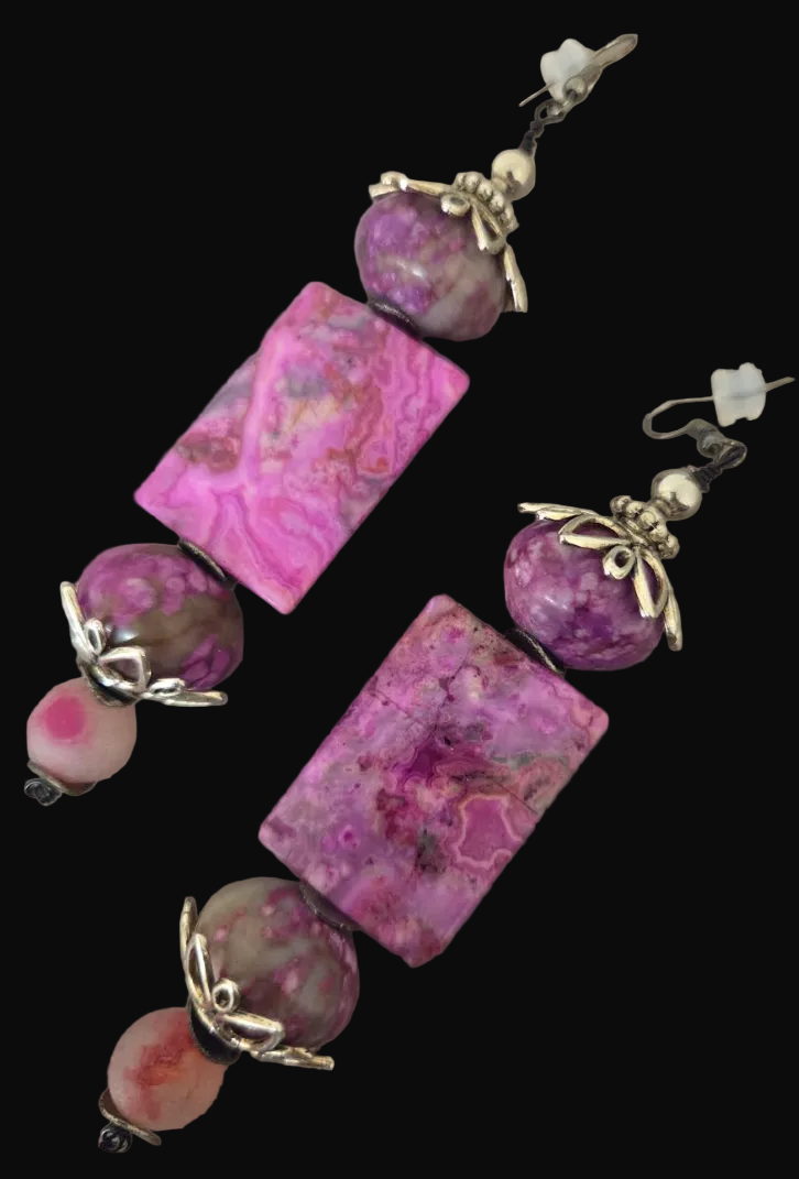 Pink Purple & Gray Gemstone Beaded Dangle Pierced Earrings - Bridal