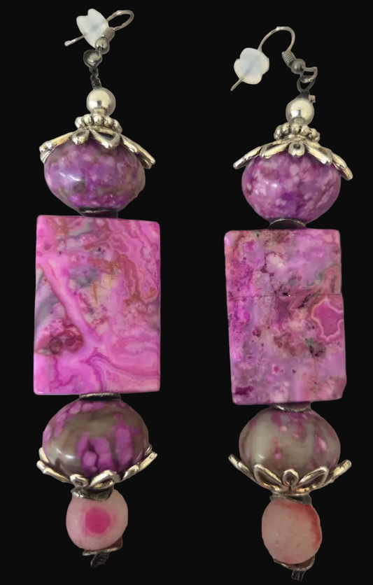 Pink Purple & Gray Gemstone Beaded Dangle Pierced Earrings - Bridal