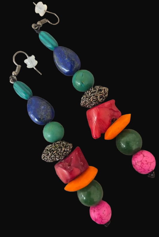 Multi Colored Mixed Gemstone Long Pierced Earrings - Bold Chunky