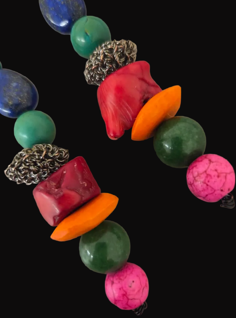 Multi Colored Mixed Gemstone Long Pierced Earrings - Bold Chunky