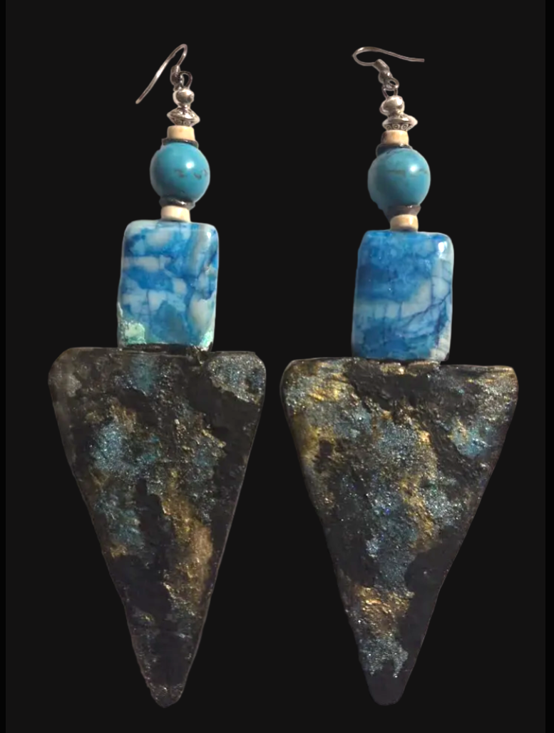 Blue Gemstone Shoulder Duster Earrings ~ Oversized Sculpted Triangles