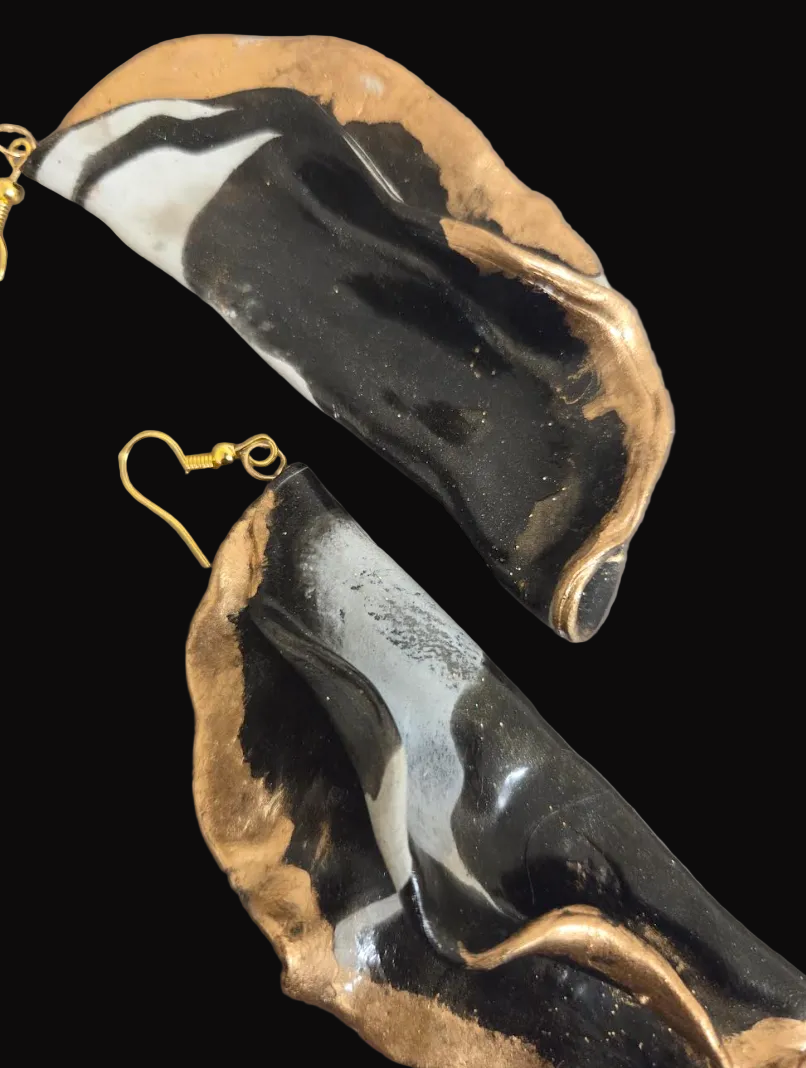 Avant Garde Sculpted Black White & Bronze Pierced Earrings - Dramatic