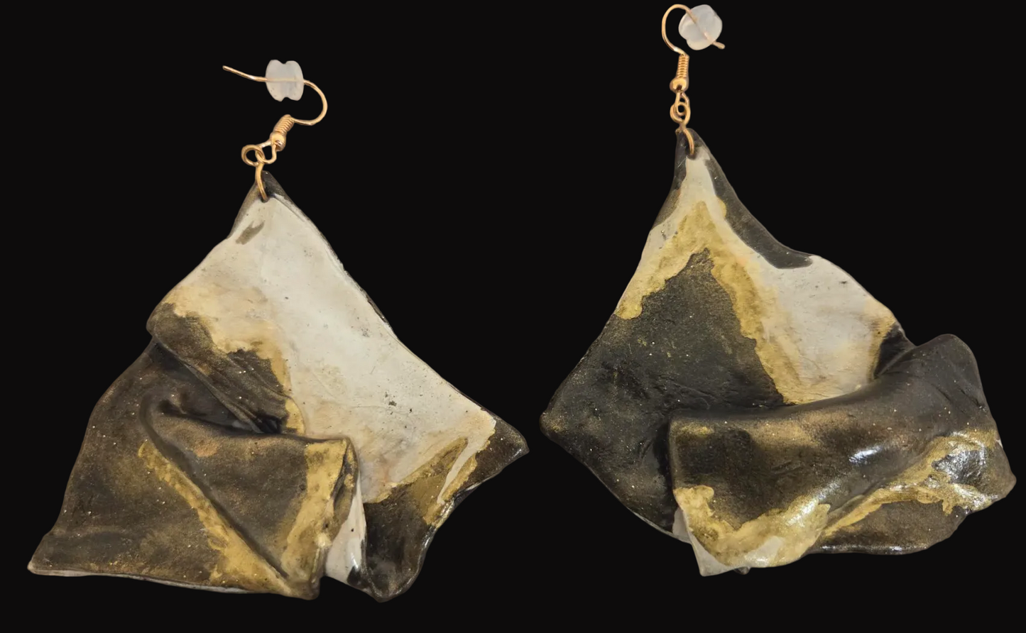 Abstract Cowhide Print Hand Sculpted Statement Pierced Earrings - OOAK