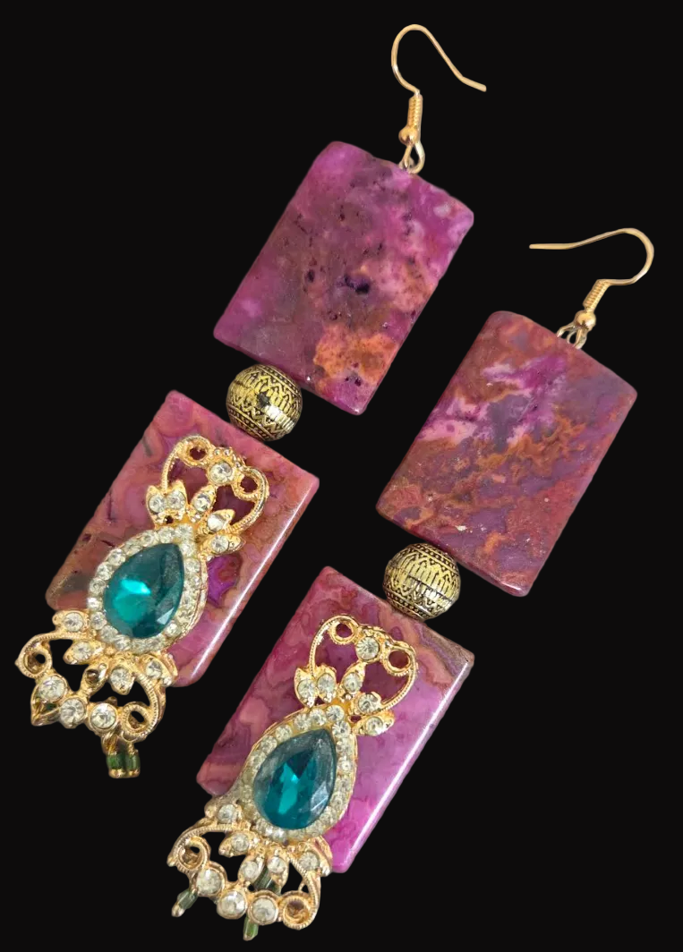 Hot Pink Crazy Lace Agate & Emerald Green Rhinestone Shoulder Dusters