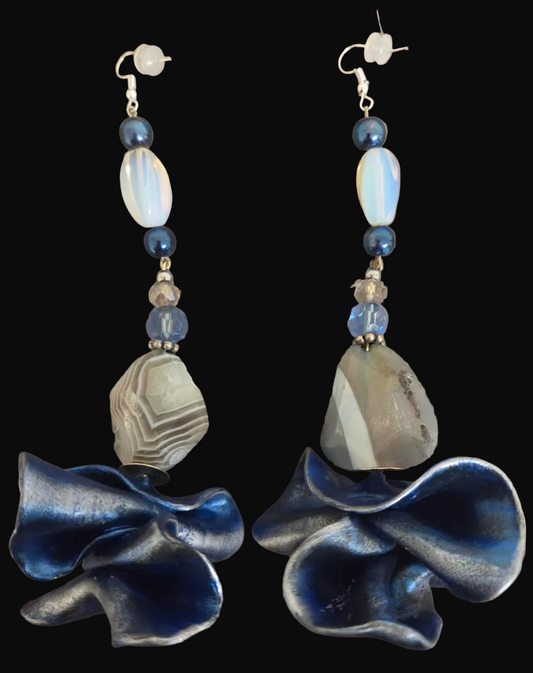 Blue Silver & White Sculpted and Beaded Shoulder Duster Earrings