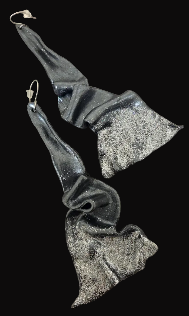 Sensuous Sculpted Architectural Shoulder Duster Earrings - Black Pearl