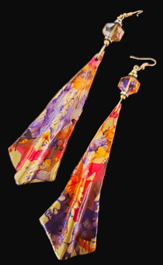 Sculpted Haute Couture Alcohol Ink Shoulder Duster Pierced Earrings