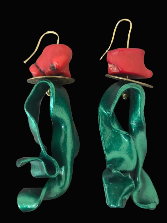 Red Coral & Metallic Emerald Green Hand Sculpted Avant Garde Earrings