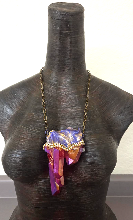 Rare Ruby Red Aura Quartz Sculpted Statement Talisman ~ Bronze Chain