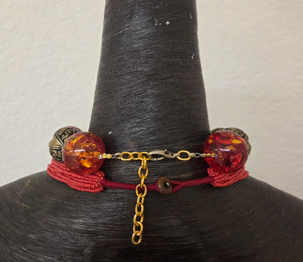 Luxury Tibetan Tribal Red Orange Beaded Statement Necklace Set - OOAK