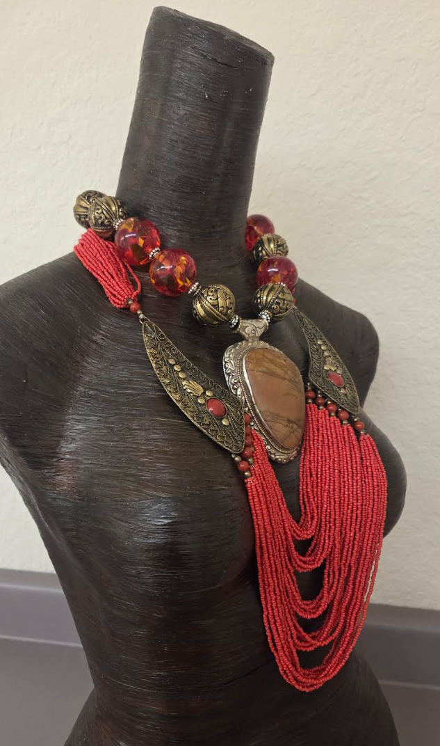 Luxury Tibetan Tribal Red Orange Beaded Statement Necklace Set - OOAK