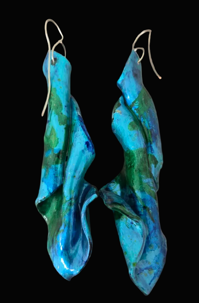 Sensuous Metallic Blue & Green Hand Sculpted Shoulder Duster Earrings