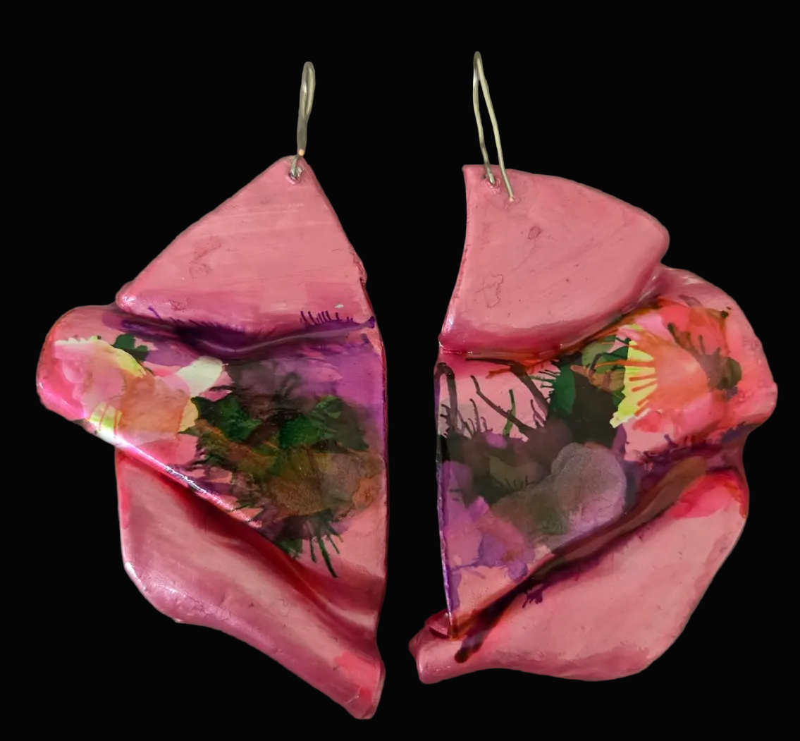 Hand Sculpted Fuchsia Folded Architectural Pierced Earrings - Sexy