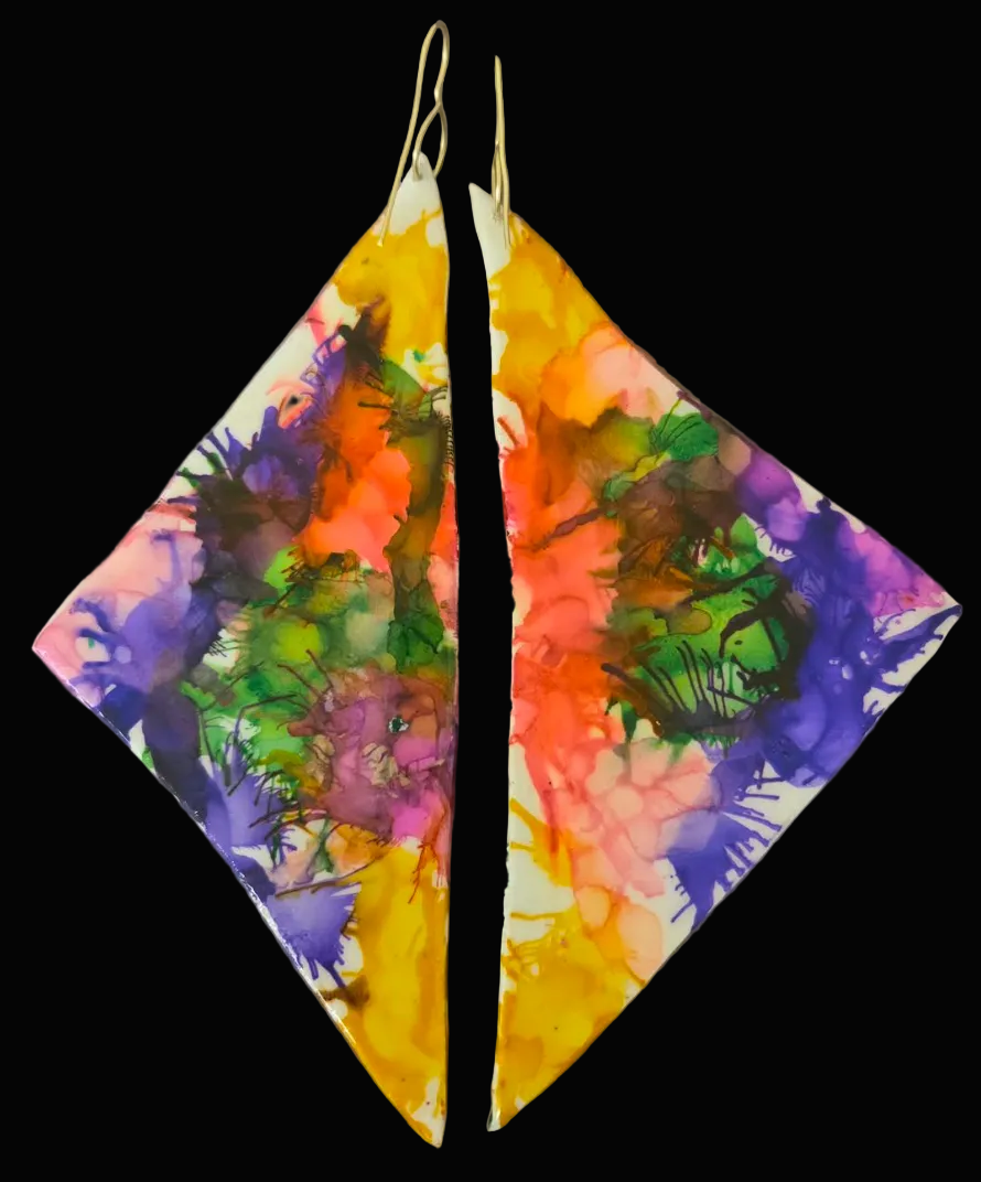 Multi Color Alcohol Ink Oversized Triangular Wing Shoulder Duster Earrings
