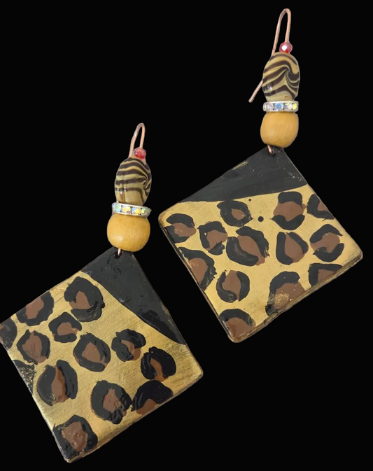 Hand Painted Leopard Geometric Statement Ear Dangles - OOAK Art
