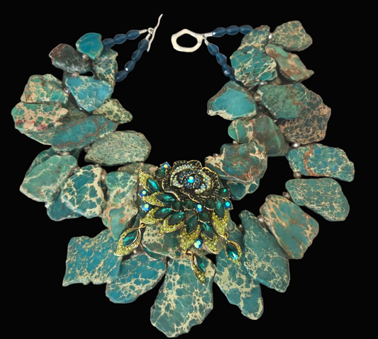 Teal & Beige Resin Slab Necklace - Teal Green Rhinestone Rose Pendant
