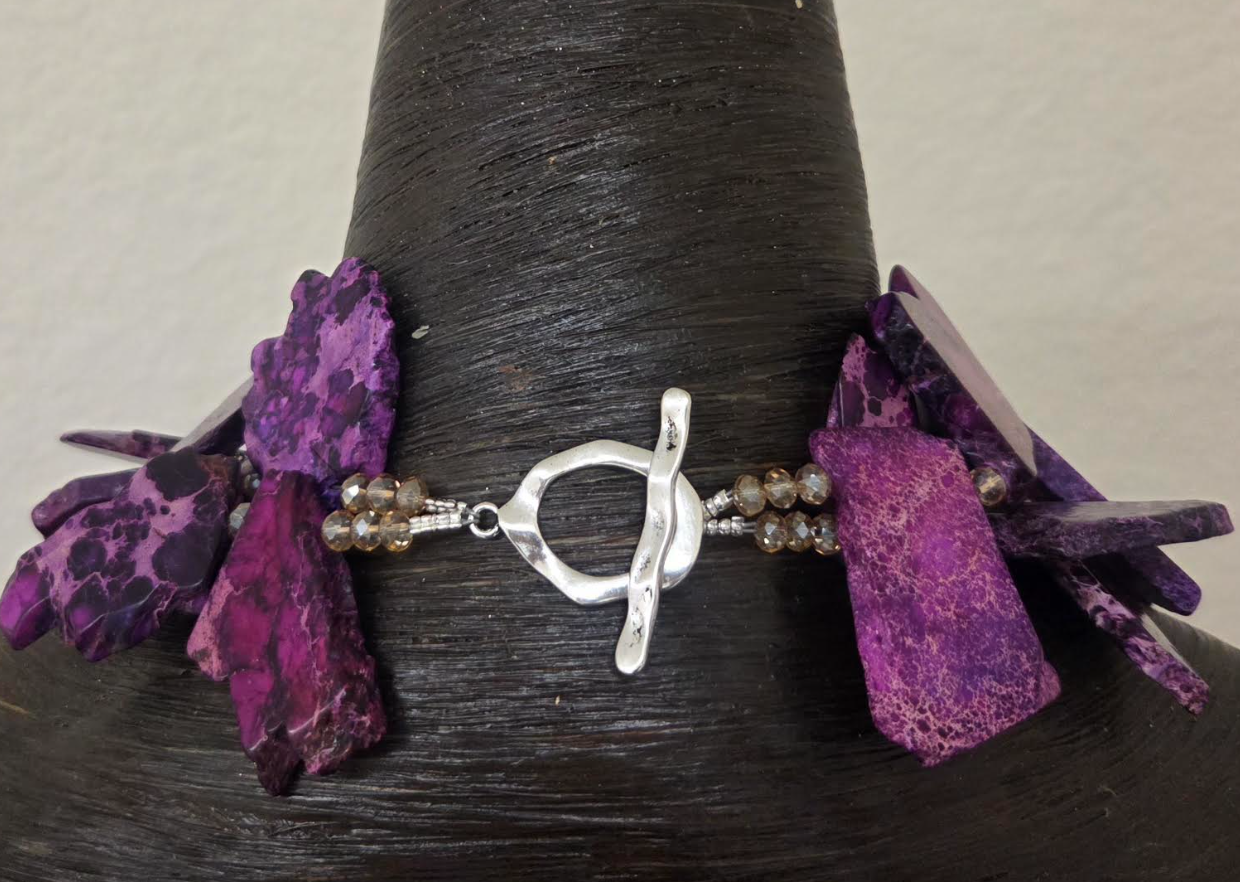 Variegated Purple Slab Statement Necklace - Peachy Pink Bling Pendant