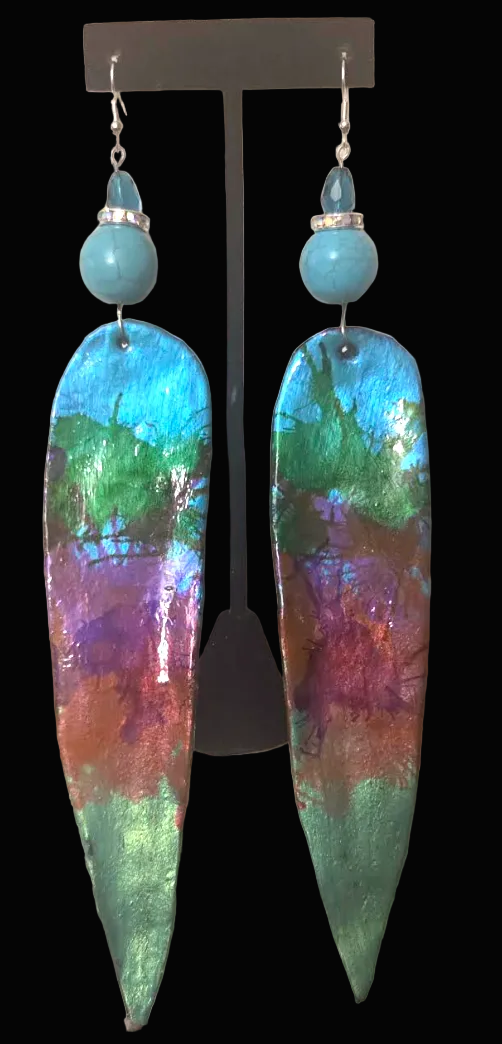Water Color Like Shoulder Duster Pierced Earrings - OOAK Wearable Art