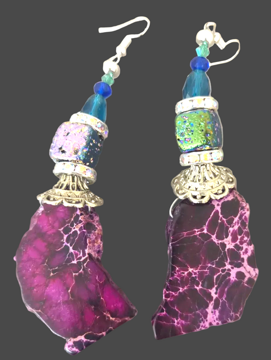 Purple Slab Titanium Quartz & Faceted Crystal Pierced Shoulder Dusters