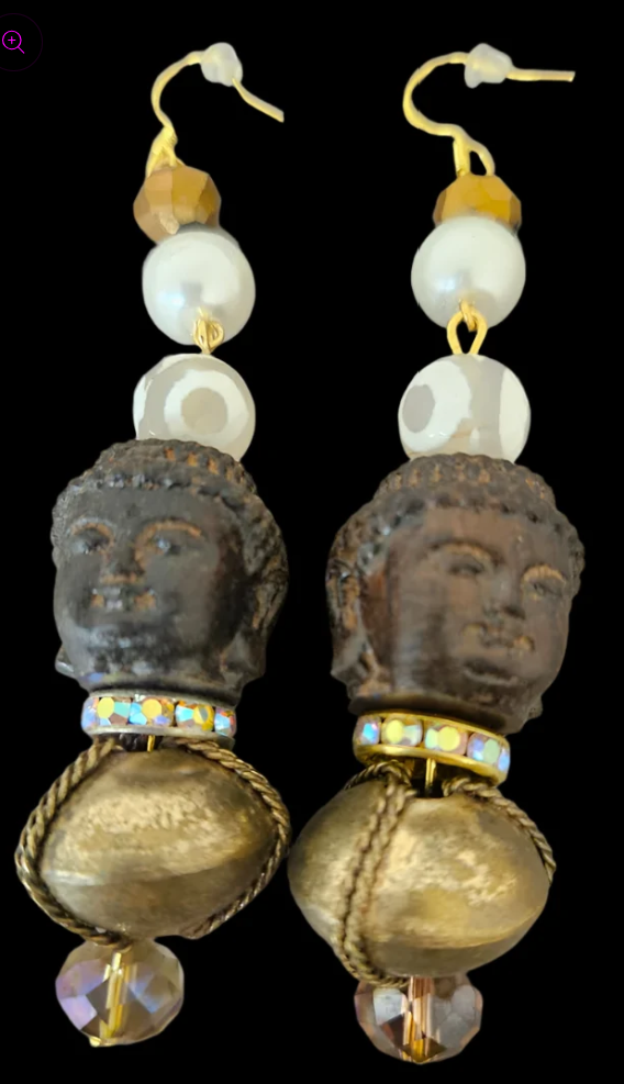 Wood Buddha, Brass & Gemstone Tribal Beaded Pierced Earrings - Unique