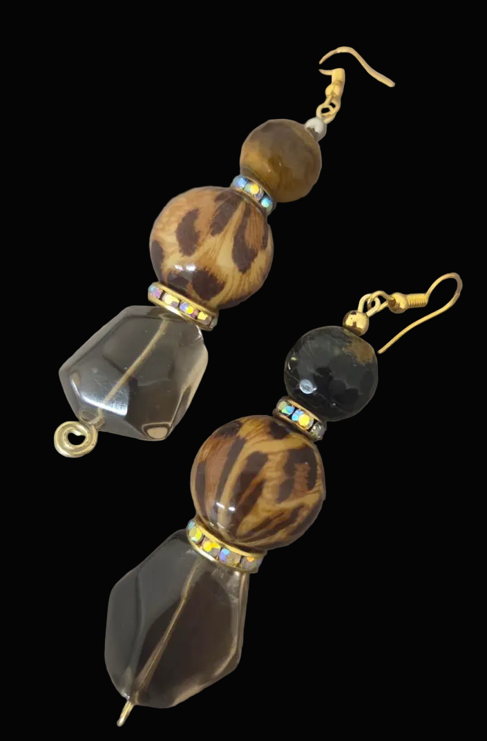 Brown Gemstone & Wild Leopard Beaded Dangle Pierced Earrings - Luxe
