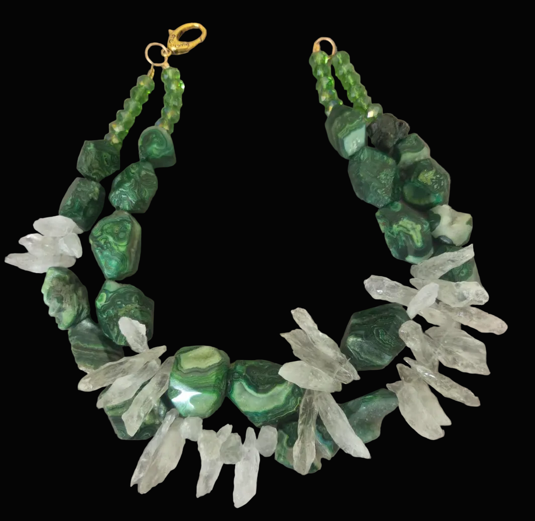 Green Crazy Lace Druzy Agate & Rough Quartz Shard Statement Necklace