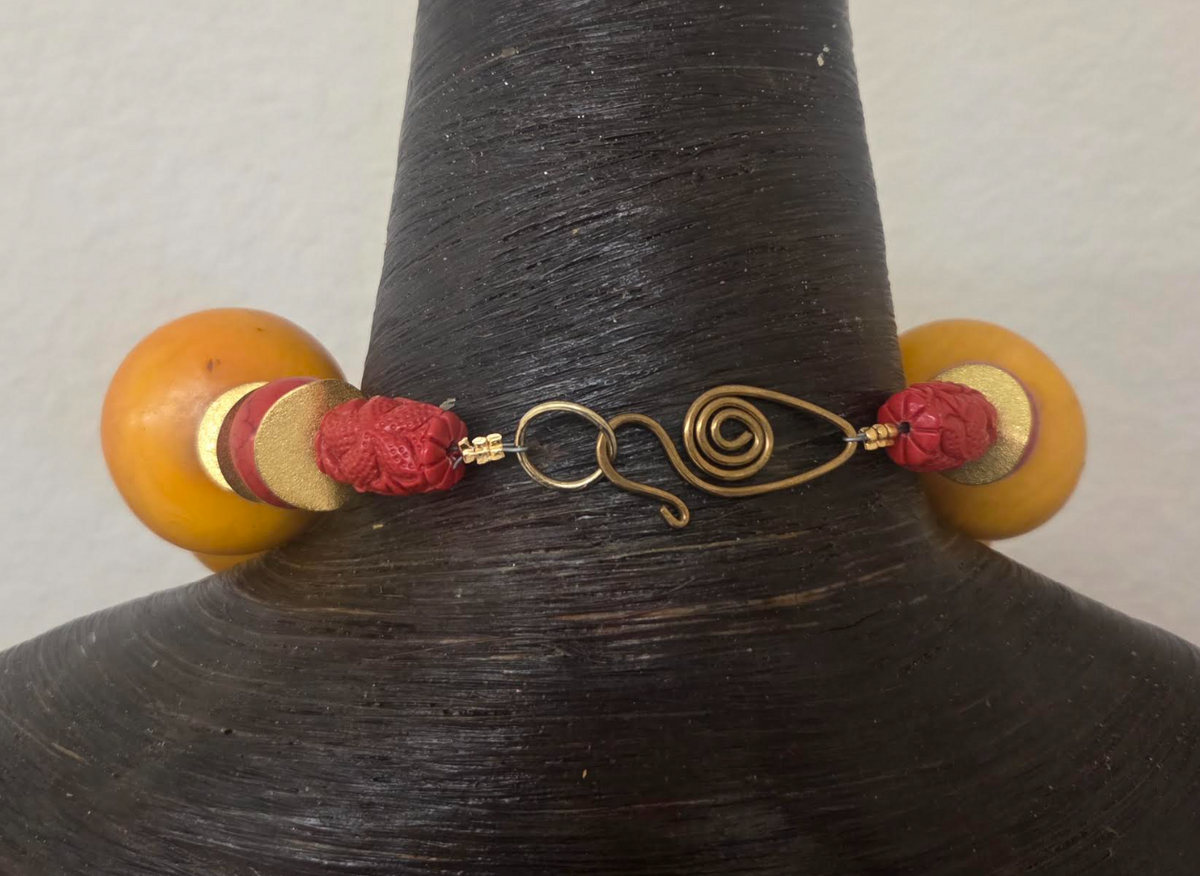 Orange Moroccan Resin Beaded Tribal Statement Necklace & Frog Pendant