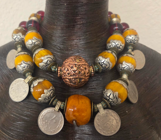 Tibetan Inspired Beaded Kuchi Coin Exotic Tribal Statement Necklace