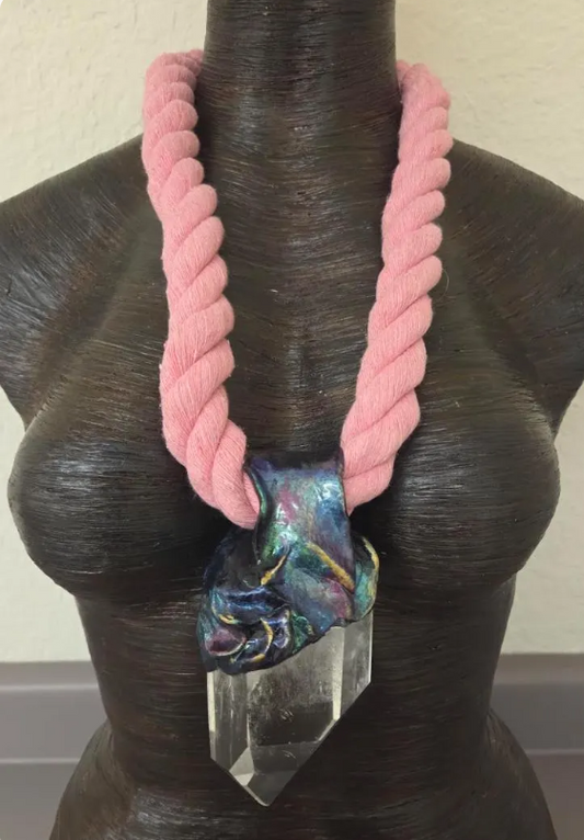 Hand Sculpted Quartz Point Statement Pendant with Thick Pink Rope
