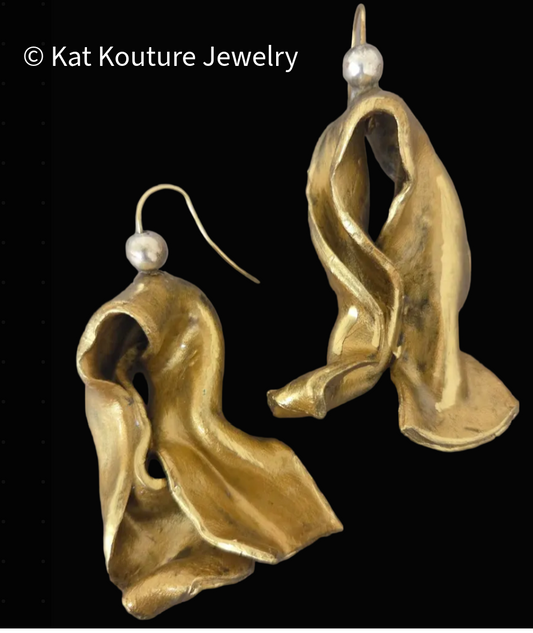 Hand Sculpted Faux Gold Metal Industrial Pierced Earrings - Dramatic