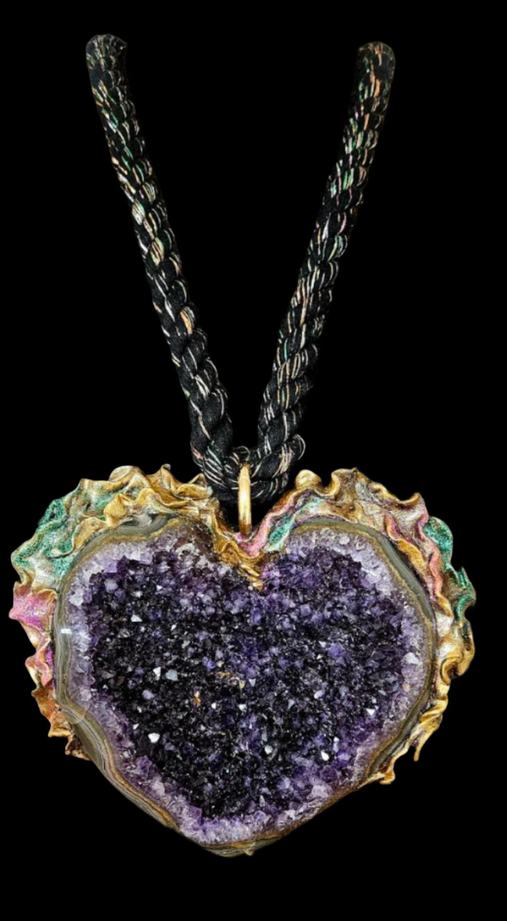 Huge Sculpted Rough Amethyst Heart Rope Pendant