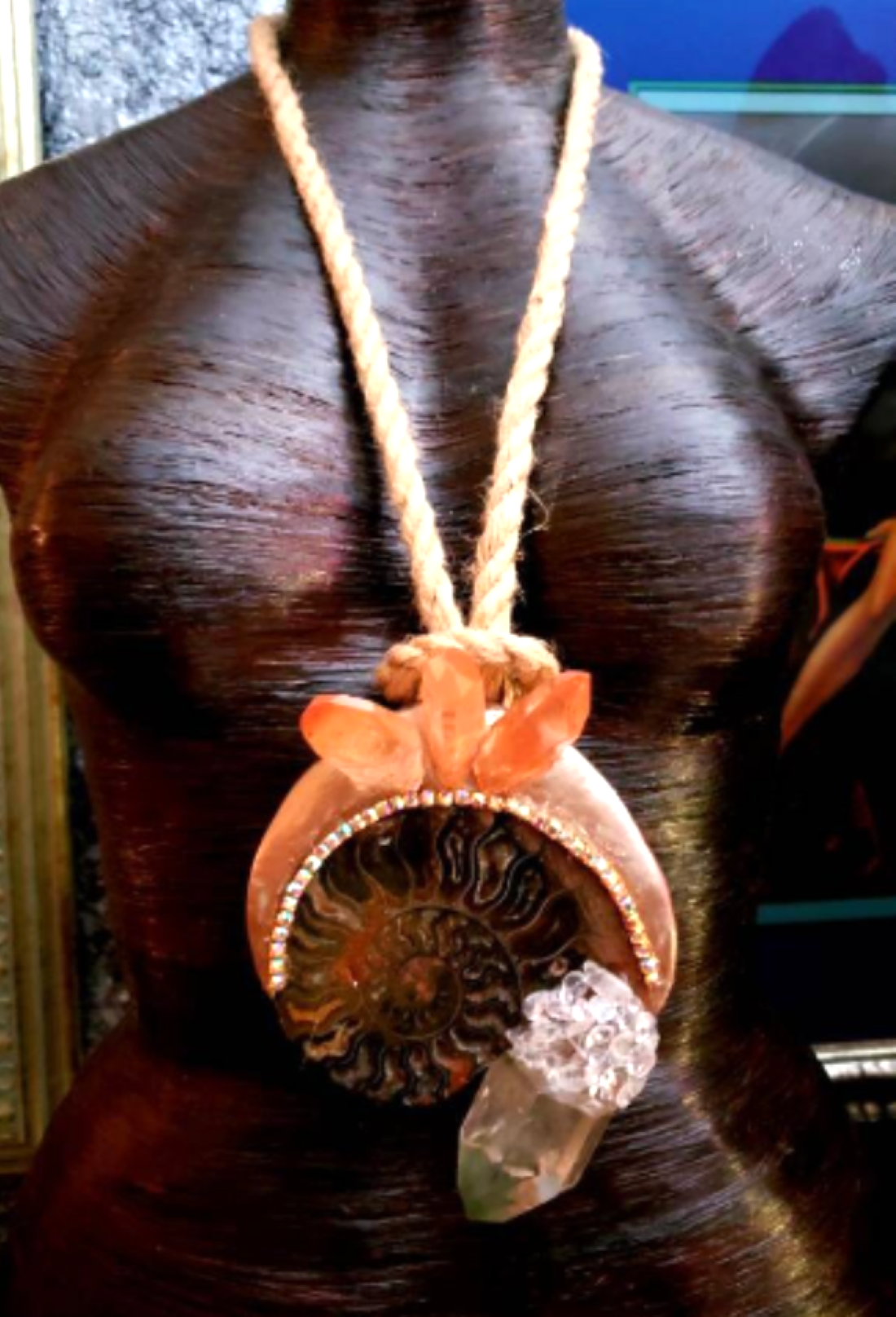 Ammonite Fossil & Quartz Point Sculpted Amulet With Hemp Rope