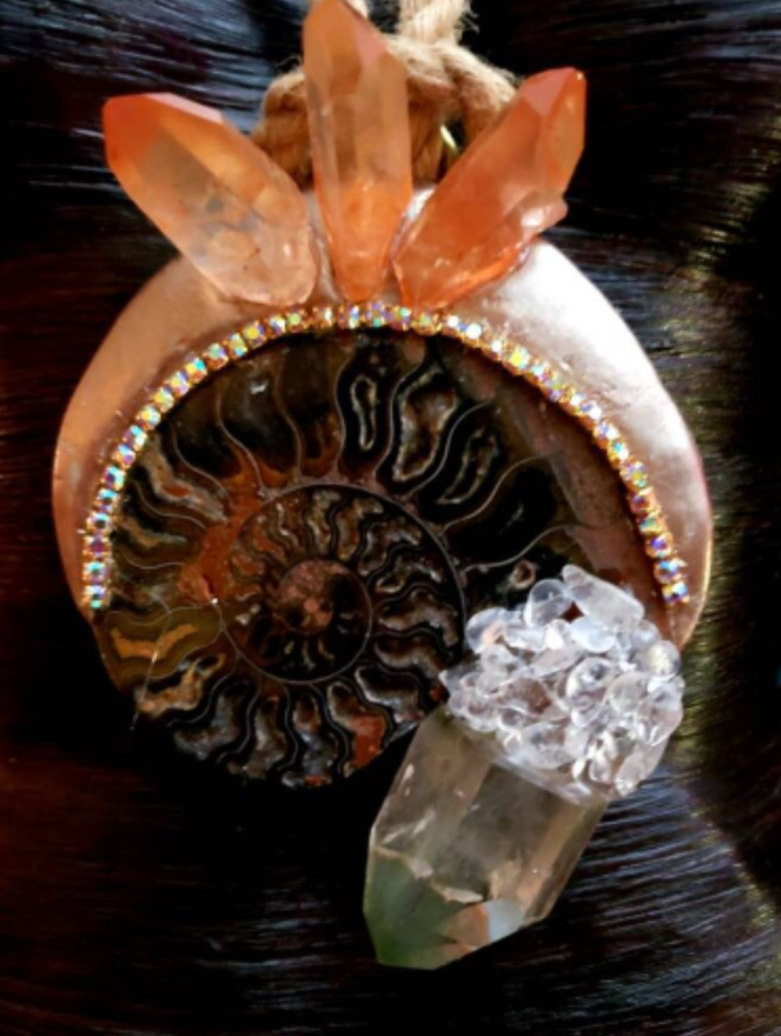 Ammonite Fossil & Quartz Point Sculpted Amulet With Hemp Rope